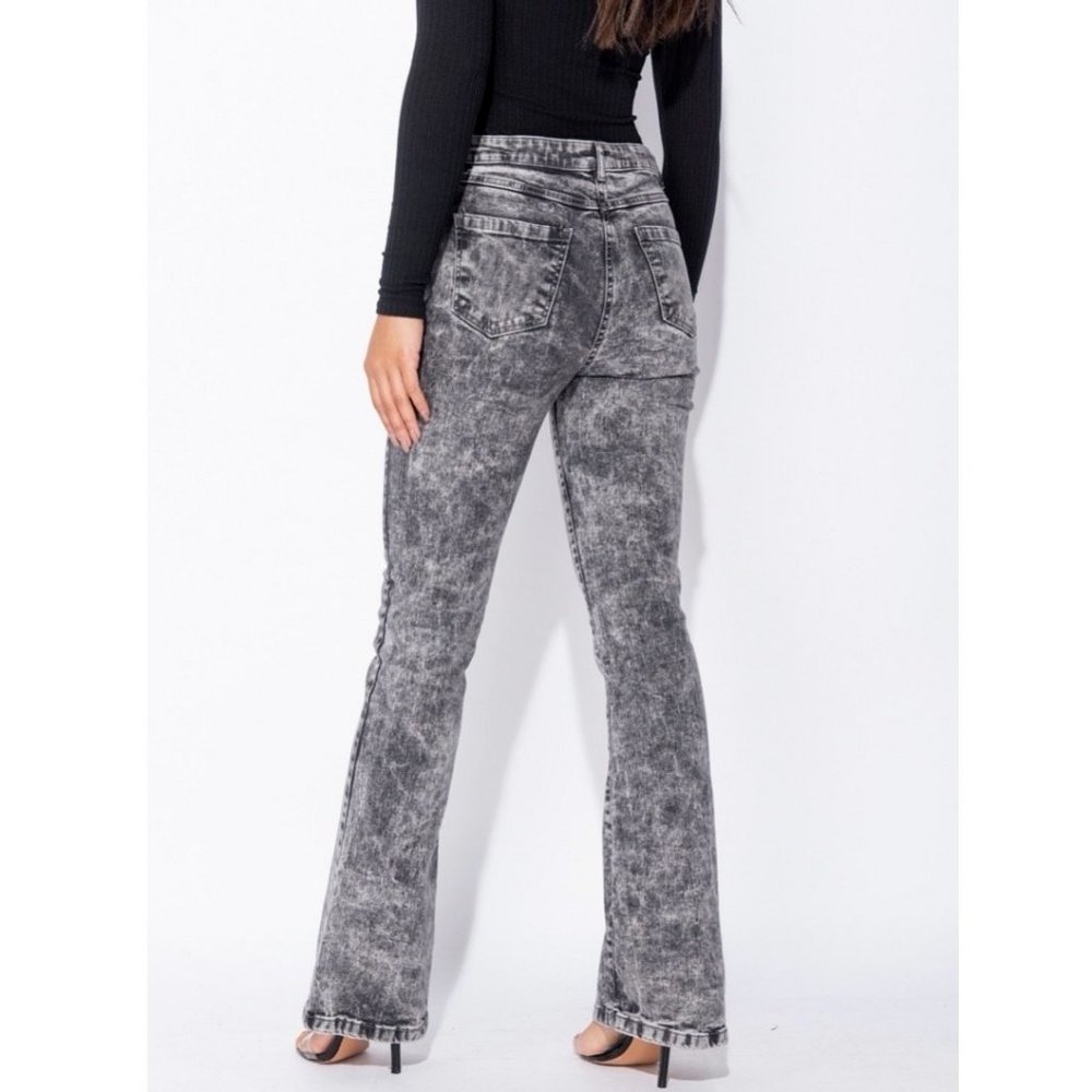 Gray Acid Wash High Waist Skinny Flare Denim Jeans - Picture 9 of 10